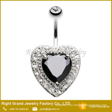 Elegante corazón negro claro Cubic Zirconia anillo de ombligo de acero quirúrgico 316L